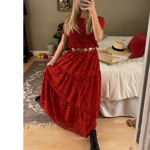 Zara Maxi Dress Black and Red XS with Ruched Top Tiered Bottom